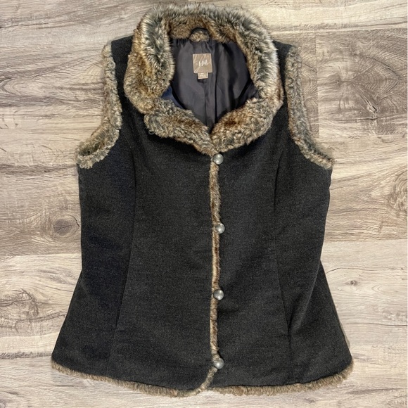 J. Jill Faux Fur Trim Vest Women's XS Brown Button Up Lined - Picture 1 of 10